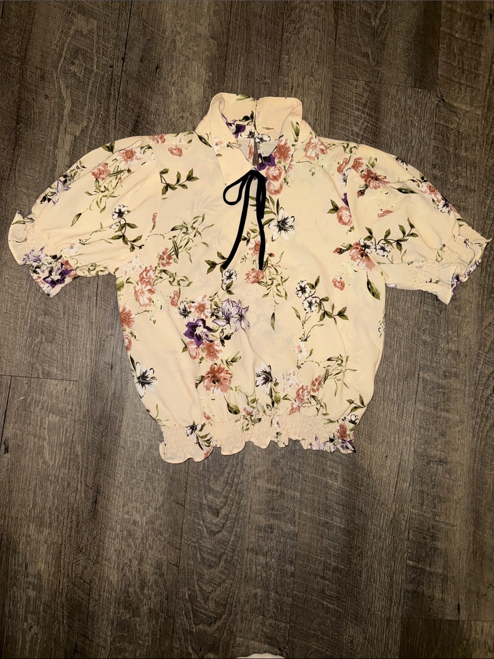 Moa Moa blush Floral Tie-Neck Puff Sleeve Blouse